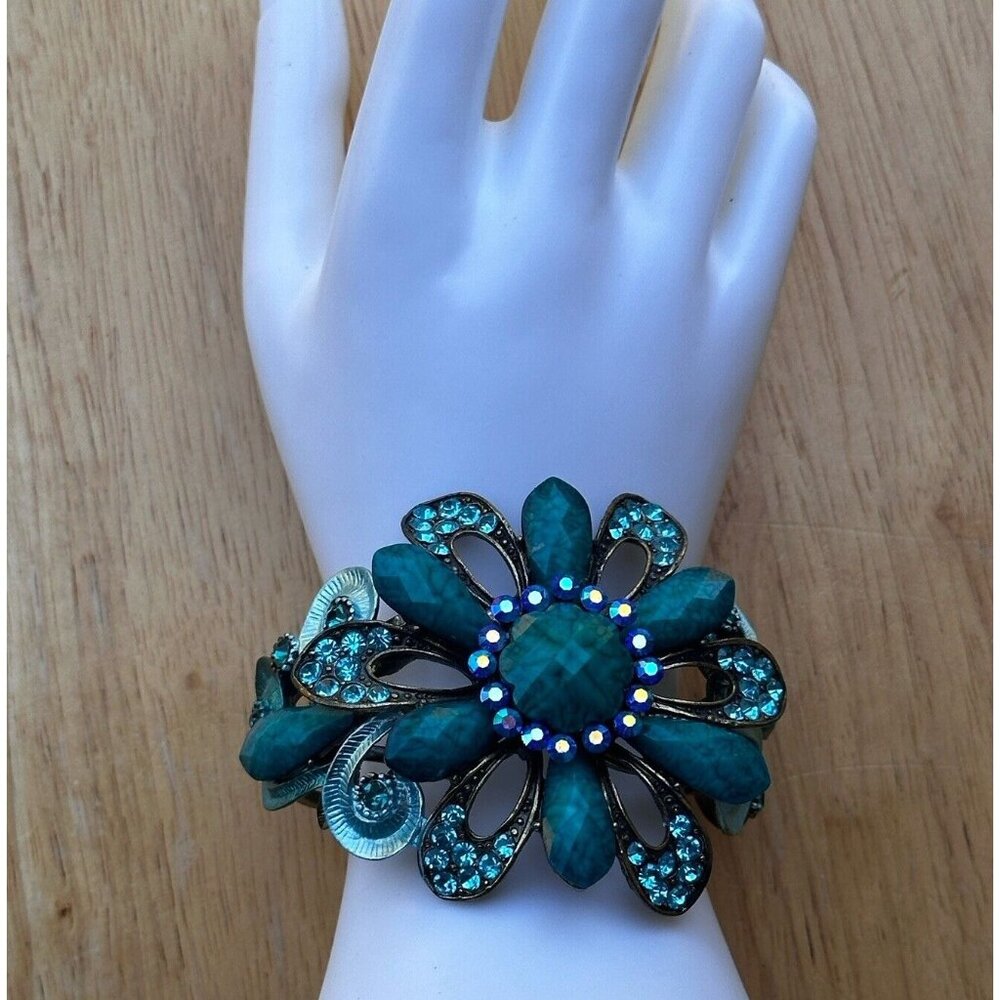 VTG Statement Flower Bracelet Teal Blue Rhinestones Glass Crystal Clamper Chunky